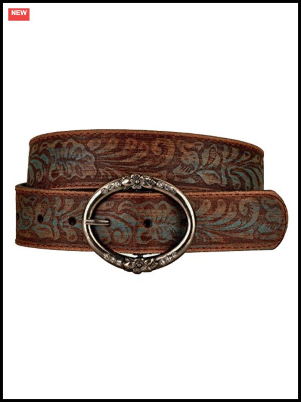 BC Belts Distressed Brown Teal Leather Belt with Rhinestone Ring Buckle Western